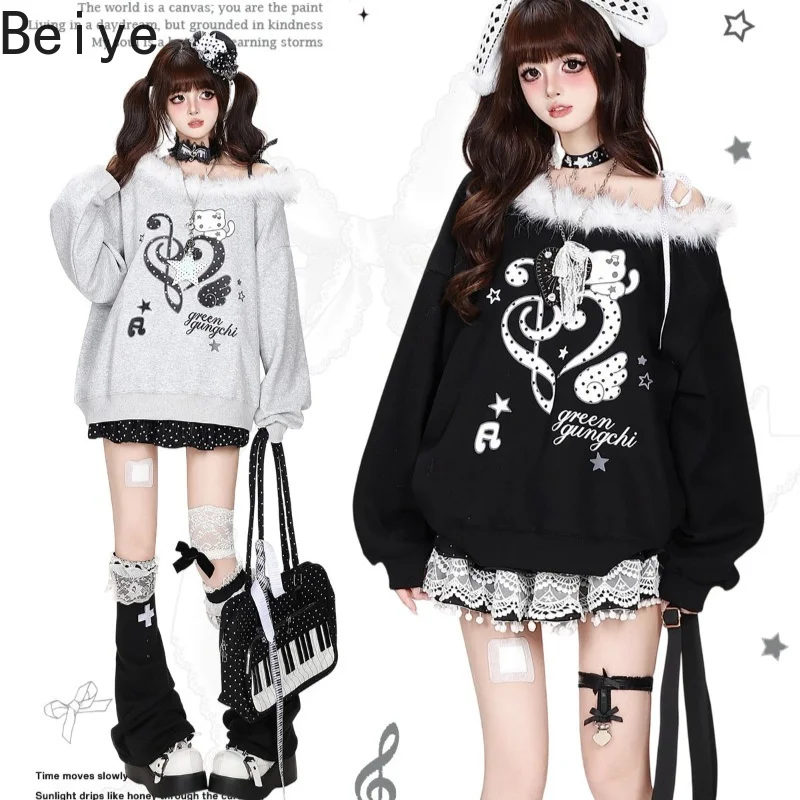 Furry Collar Kawaii Off Shoulder Sweatshirt Women Cartoon Music Note Print Hoodies Lady Y2K Oversized Long Sleeve Sweatshirts