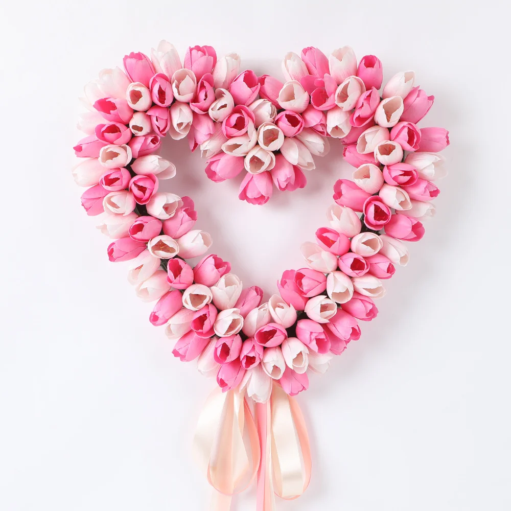 

Artificial Tulip Wreath, Spring Floral Garland for Home Door Wall Wedding, Valentine Gift, Faux Flowers, Ready to Hang, No Fade