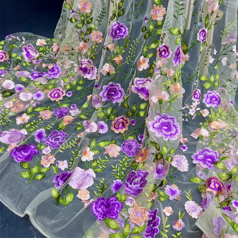 1yard Rose Mesh Embroidered Fabric Autumn Plant Evening Dress Fabric Clothing DIY Craft Wedding Dress Curtain Patchwork Material