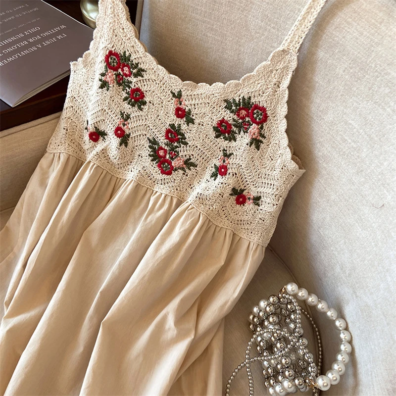 Bohemian Summer Midi Dress for Women Hollow Out Sleeveless Cami Spaghetti Strap Sweet Crochet Lace Holidy Dress AM7013