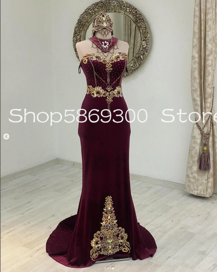 Customized  Burgundy Velvet Arabic Muslim Prom Dresses Two Pieces Gold Applique Crystal 2025 Caftan Marocain Evening Gala Gown