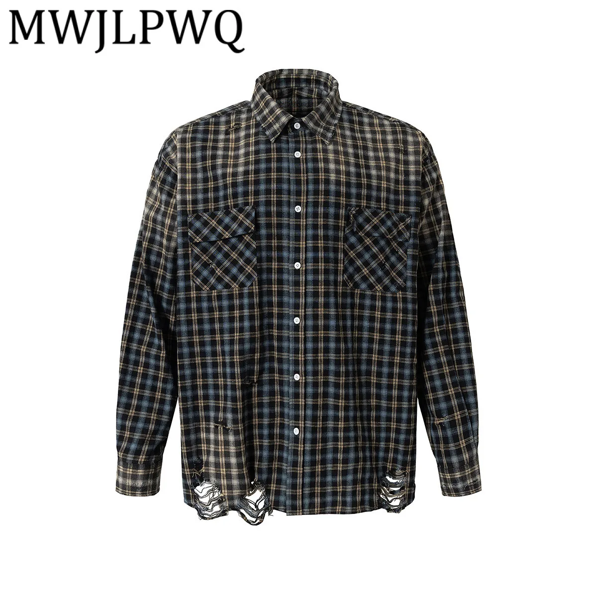

MWJLPWQ модная рубашка градиентного цвета в американском стиле, мужские потертые клетчатые топы с длинными рукавами и лацканами, осень 2023, новинка 21326