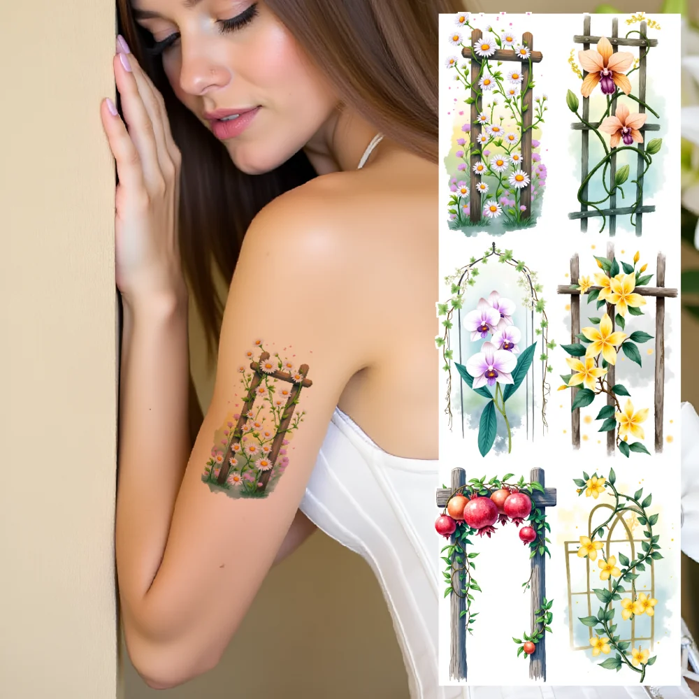 

9pcs Temporary Tattoo Flower Designs Temporary Tattoo Stickers Vine Patterns Archway Art Waterproof Long-lasting Body Stickers