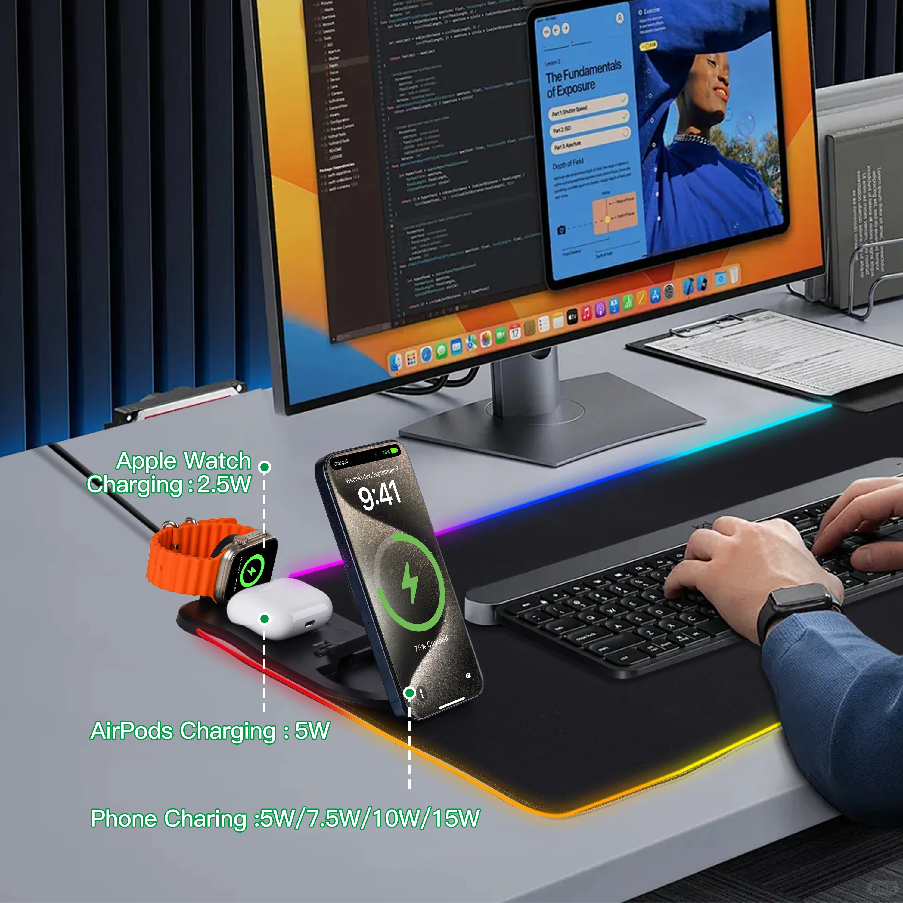 RGB Wireless Charging Gaming Mouse Pad 3 in 1 15W Magnetic Fast Charger Station Desk Mat for iPhone Samsung Apple Watch