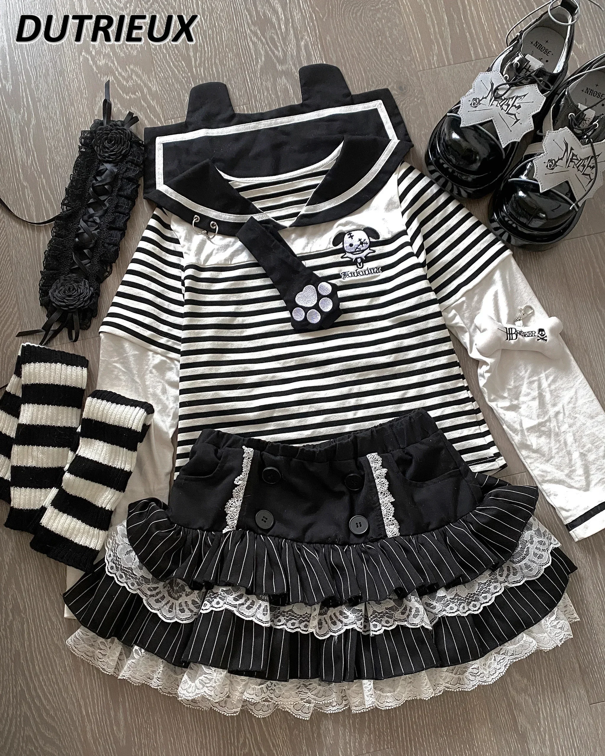 Spring and Autumn New Japanese Striped Navy Collar Cat Claw Tie Long Sleeve T-Shirt Sweet Cute Girls Elastic Waist Short Skirt