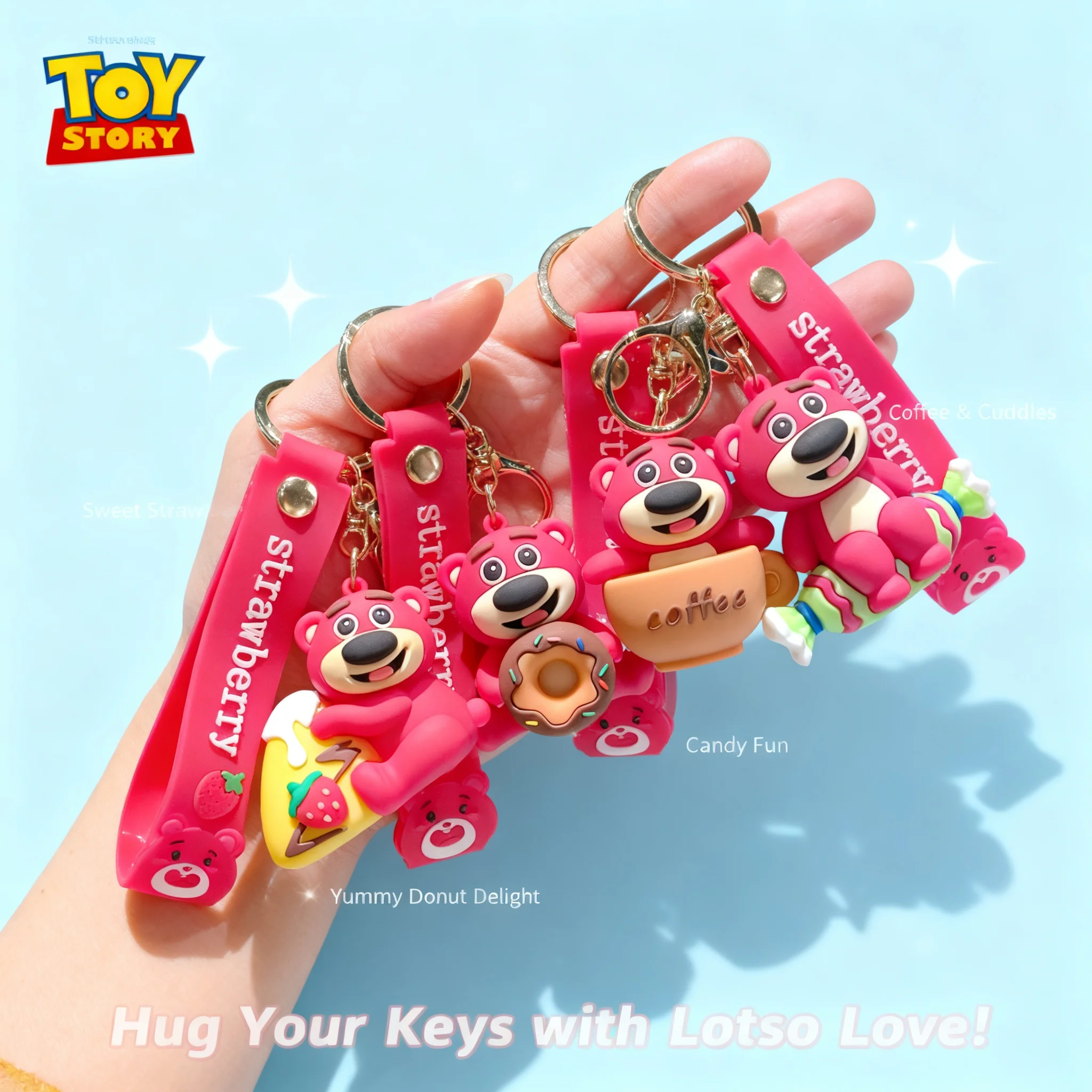 Llavero de coche de peluche de Lotso el oso de resina epoxi, regalo de cumpleaños, bonito colgante de dibujos animados para bolso con corazón, accesorio de llavero para chica