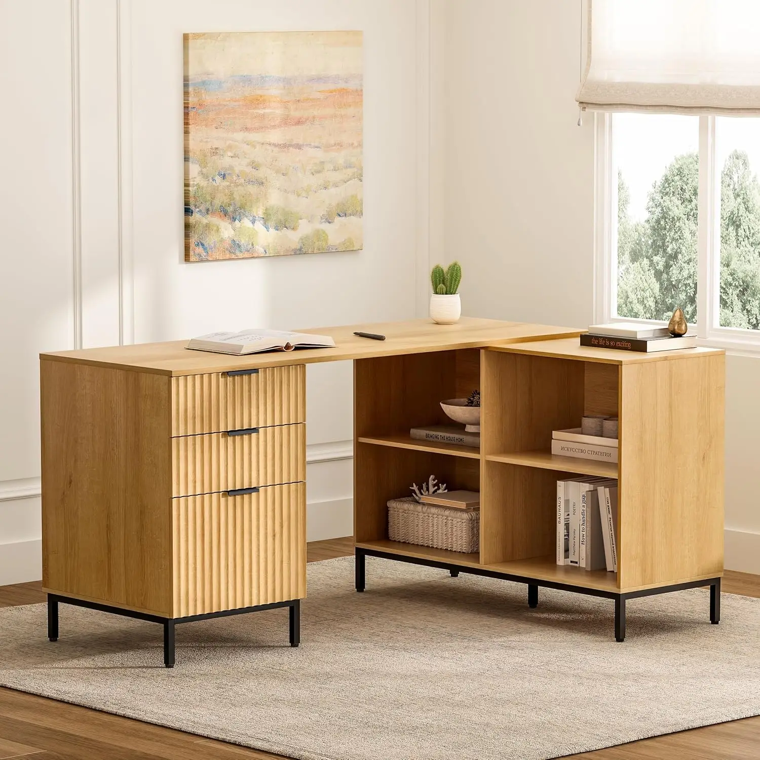 

Executive Desk with Storage Cabinet, 60 Modern Flexible Home Office Desk, Large Wood Convertible Computer Standing Up Des