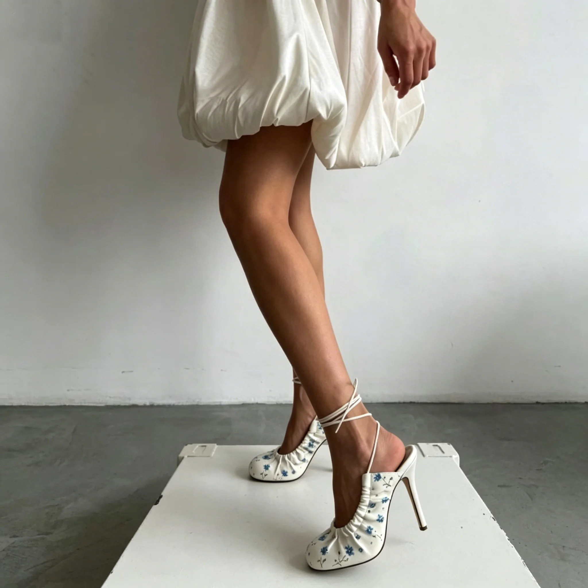 Women's 2026 new in blue flower round toe sandals leather lace up white sexy high heels luxury designer party shoes on offer - view 4