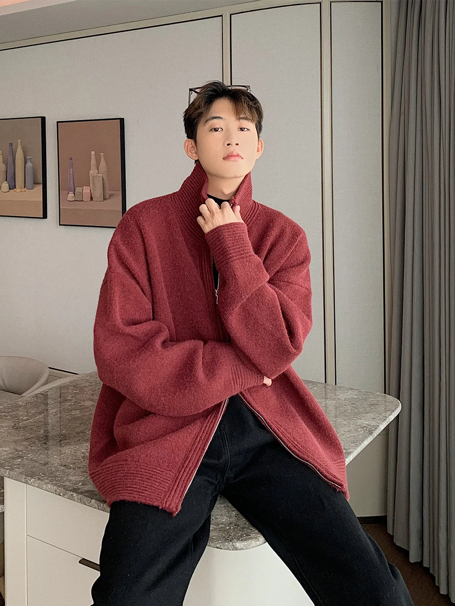 

American High Street Loose Red Faion Zipper Collar Men's Knitted Sweater Winter Casual Wear Pure Color Fine Gauge