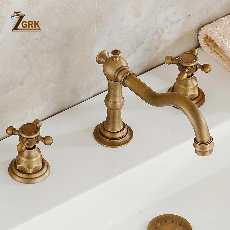 Basin Faucets Antique Brass Deck Mounted Bathtub Mixer Faucet Dual Handle 3 hole Bathroom Faucet Set Water Tap