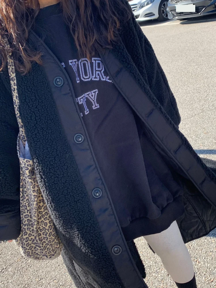 الرجعية زر واحد خروف الفراء طوق منتصف طول القطن Jaet المرأة شيك تنوعا Ele Sle معطف الشتاء