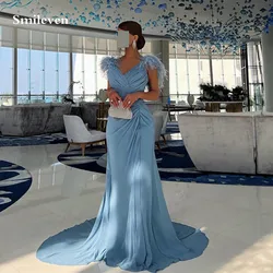 Smileven – robe de bal de forme sirène, en mousseline de soie, bleu ciel, avec plumes, col en V, vêtement de cérémonie de mariage, arabie saoudite, 2023