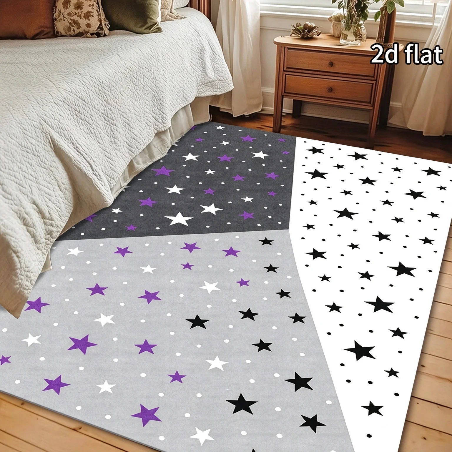 [2d Flat]Abstract Minimalist Rugs with Star Patterns in Purple Black White, for Living Room Bedroom HallwayBalcony ,All-Season Indoor Rugs