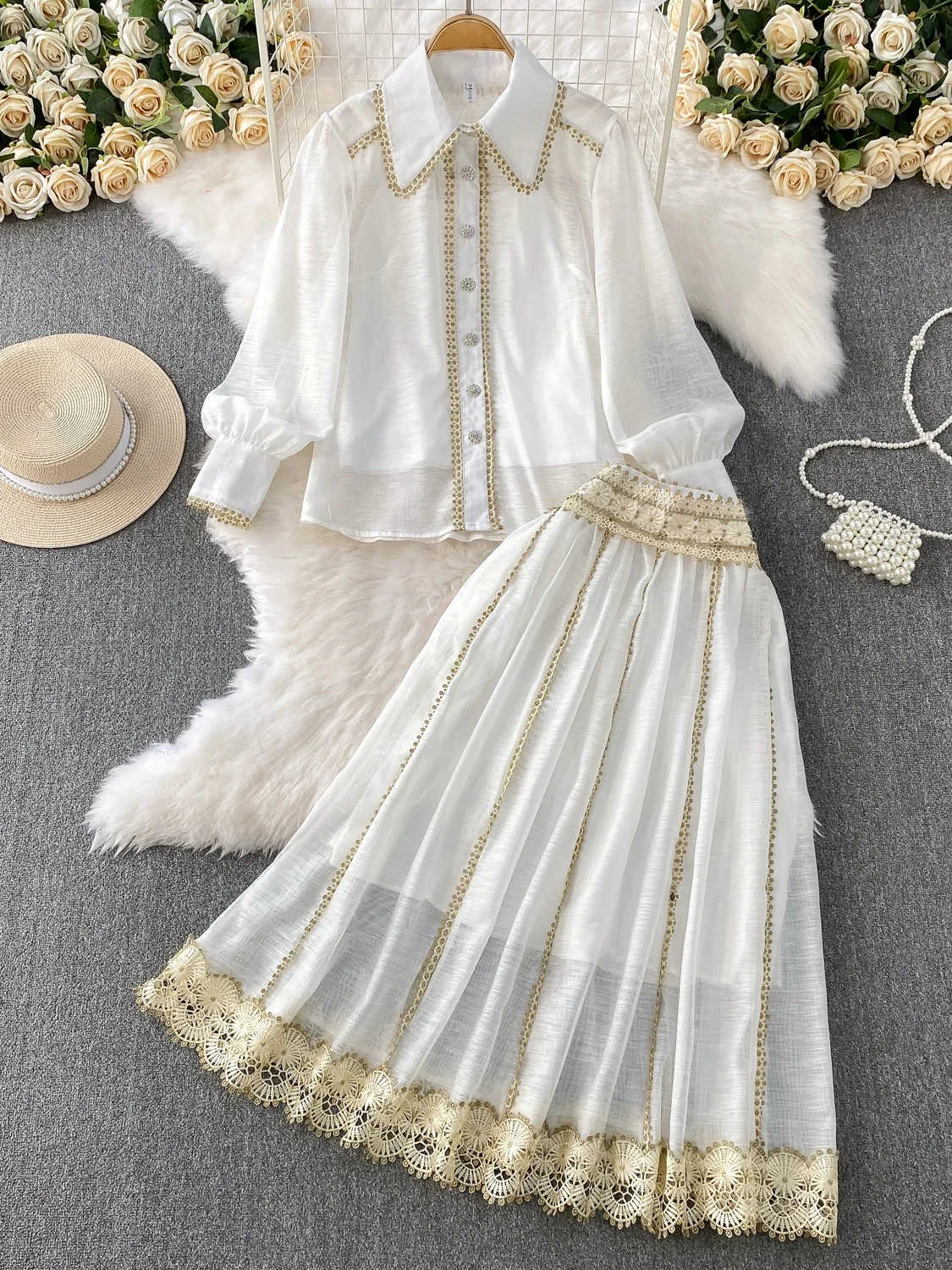

Sun Protection Lace Patchwork Long Sve irt High Waist Skirt Two Piece Set Collar Button up Women's Faion