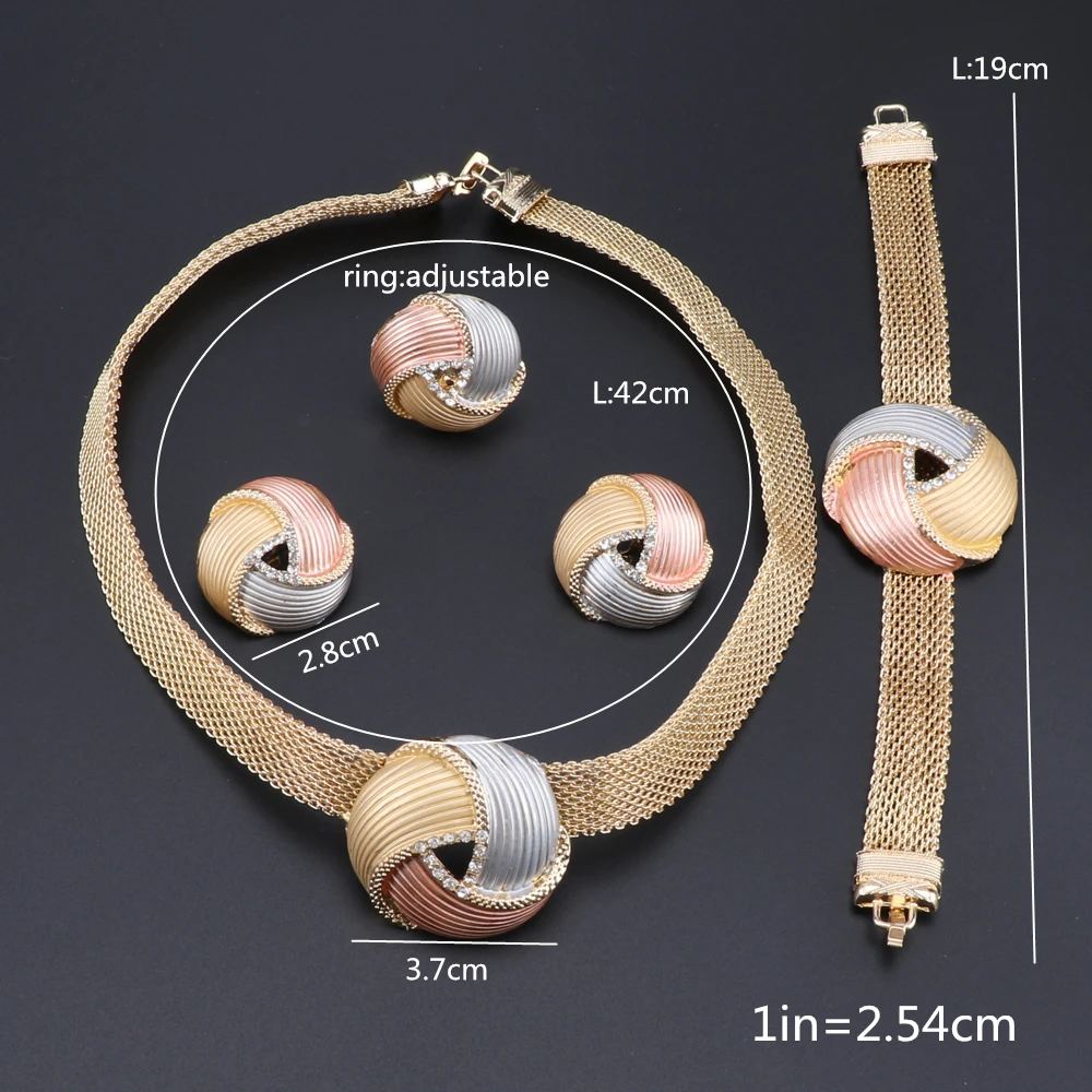 African Dubai Gold Color Bridal Jewelry Sets for Women Bracelet Earrings Wedding Party Crystal Necklace Ring Jewelry Sets