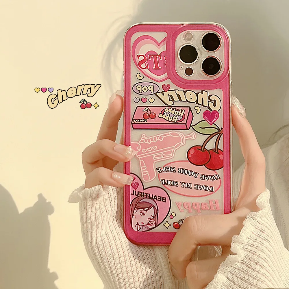 Cute Cartoon Pink Girl Phone Case For iPhone 15 14 13 12 11 Pro Max Mini X XR XS 8 7 Plus SE3 Soft Shockproof Bumper Clear Cover