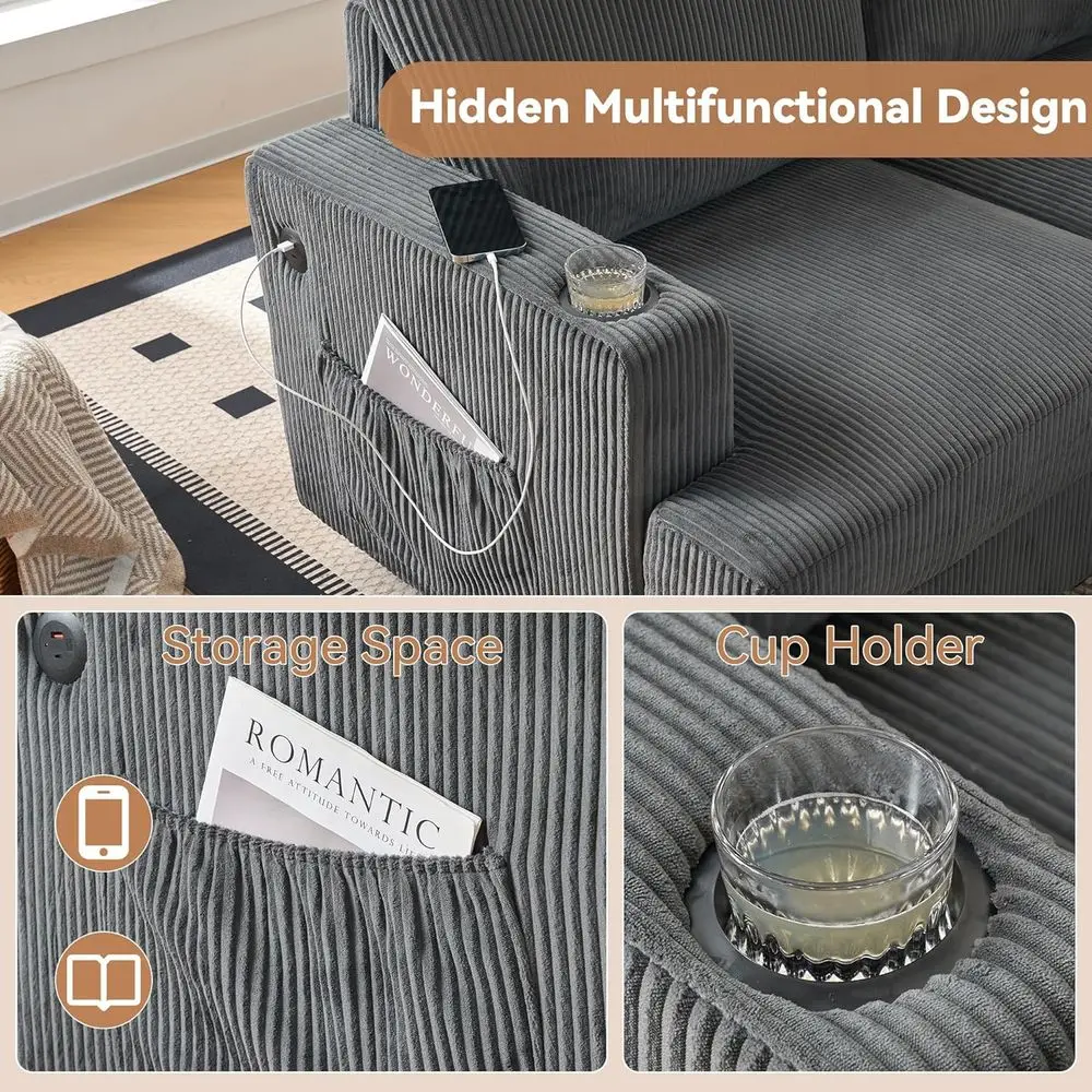 أريكة مقطعية على شكل حرف L باللون الرمادي مع مساحة تخزين وUSB، أريكة سحابية مريحة لغرفة المعيشة وغرفة النوم، تصميم وحدات حديث (3