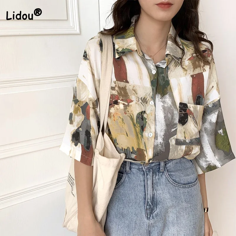 

Fashion Turn-down Collar Single Breasted Blouses Women Spring Summer Vintage Port Flavor Tie Dye Patchwork Pockets Loose Shirts