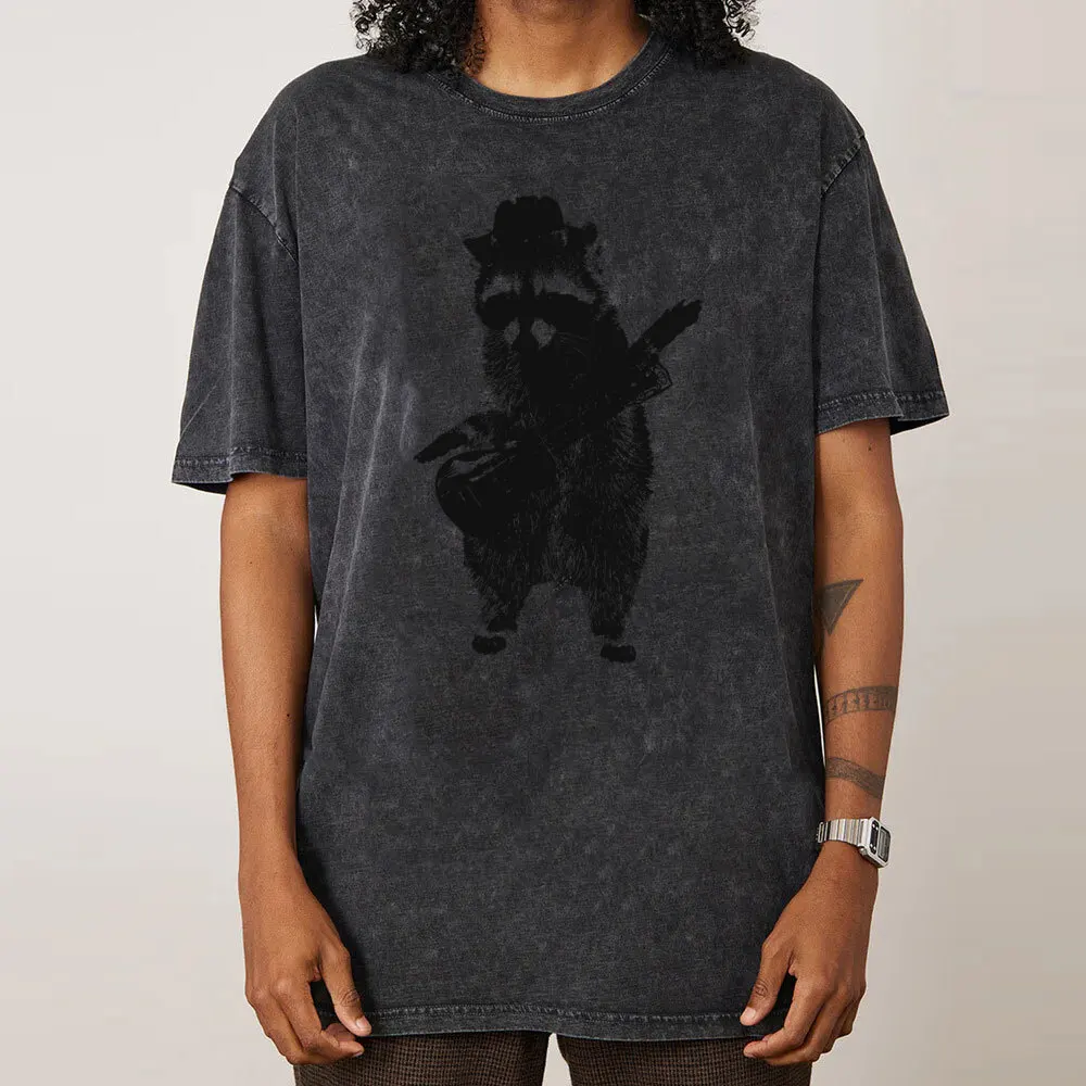 Raccoon Playing The Guitar Tops Tees Discount Crewneck Geek Short Sleeve All Cotton Male Washed T Shirt Slogan Washed Tees