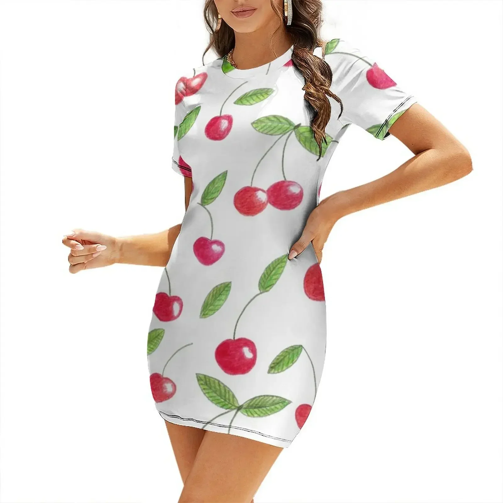 Red Cherries summer pattern Short-Sleeved Dress birthday dress for women women clothes ceremony dresses