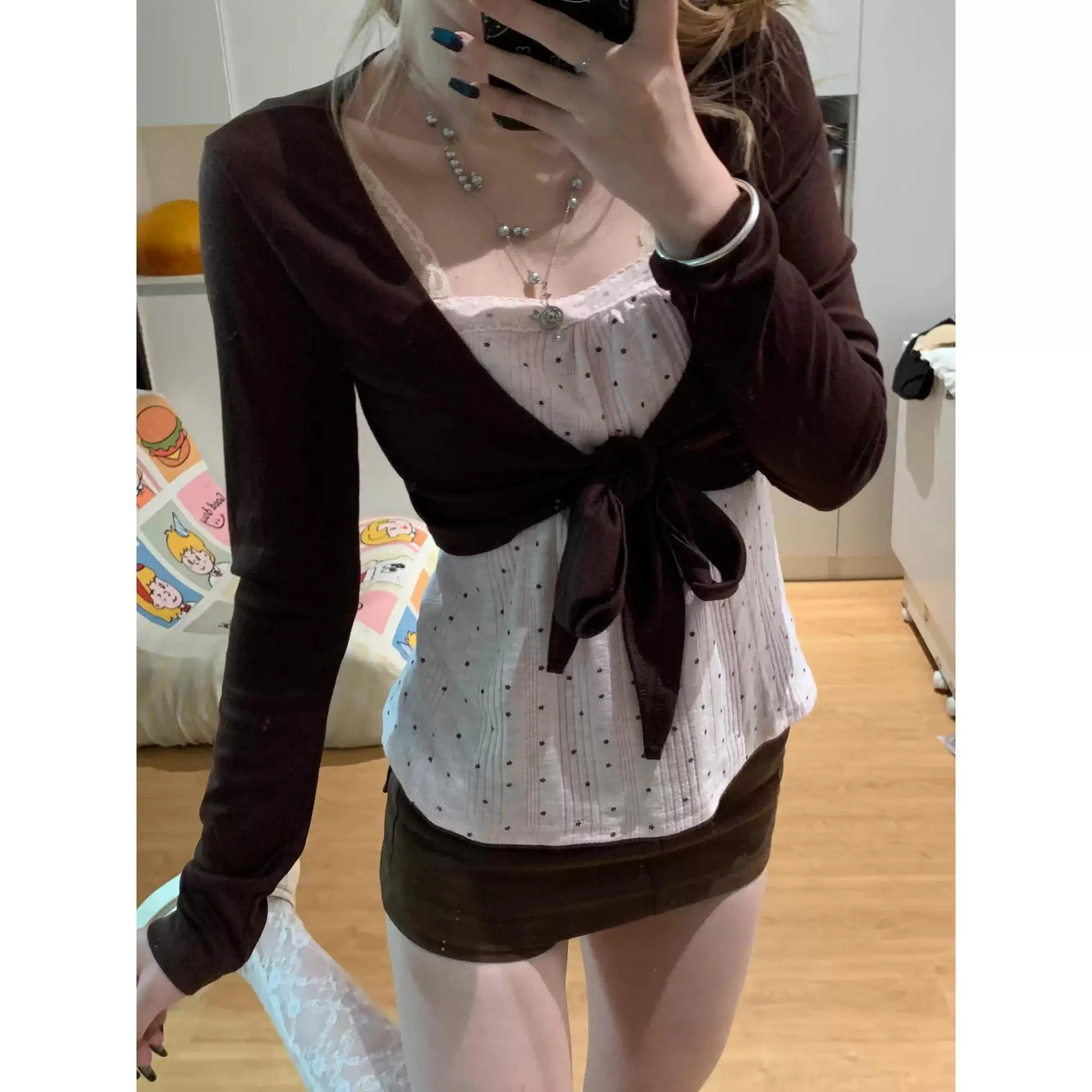 Korean Chic Casual Two Piece Sets Women  Polka Dot Camisole Brown Tie Front Knit Cardigan Cute Layering Summer Outfits 2026