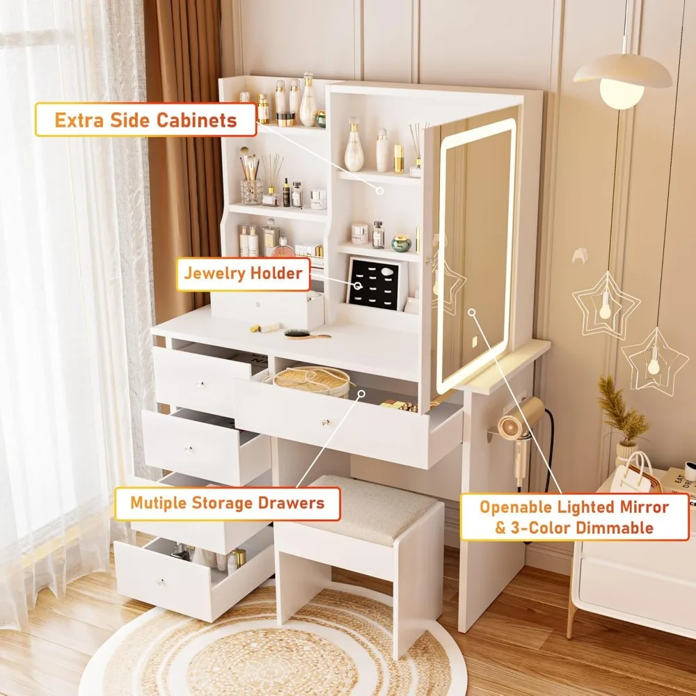 Scrivania per trucco illuminata a LED con presa di corrente, sgabello e deposito gioielli, scrivania bianca per trucco