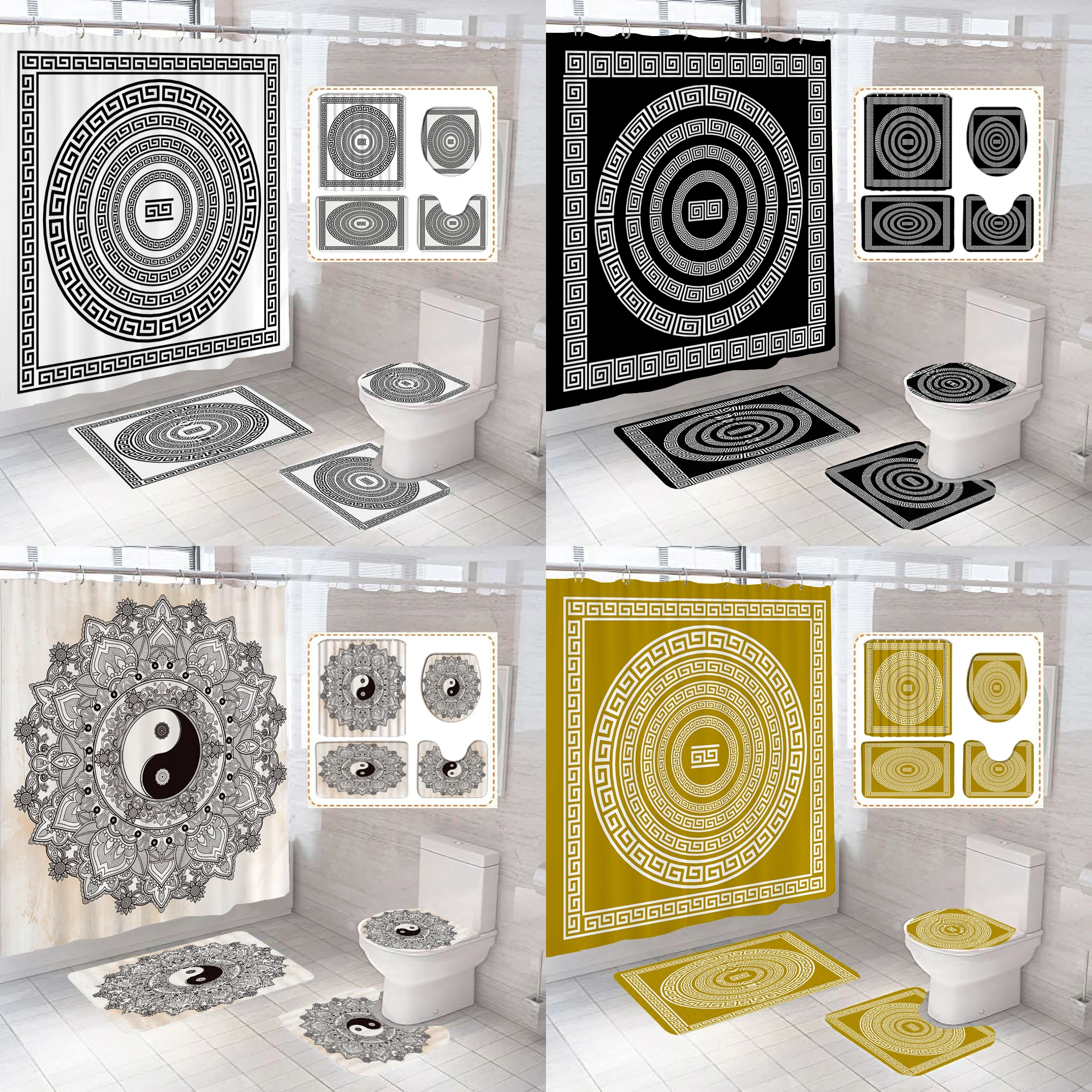 

3D Luxury Black Gold Greek Key Meander Bathroom Curtains Shower Curtain Set for Bathroom Modern Geometric Ornate Bath Rug Decor
