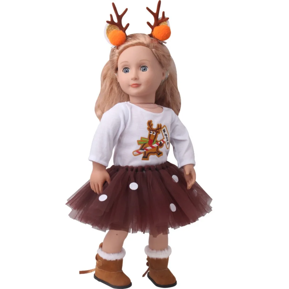 Christmas Suit American Doll Clothes Two Elk Hairpins Long Sleeved Doll Clothes Christmas Colorful Dress Set