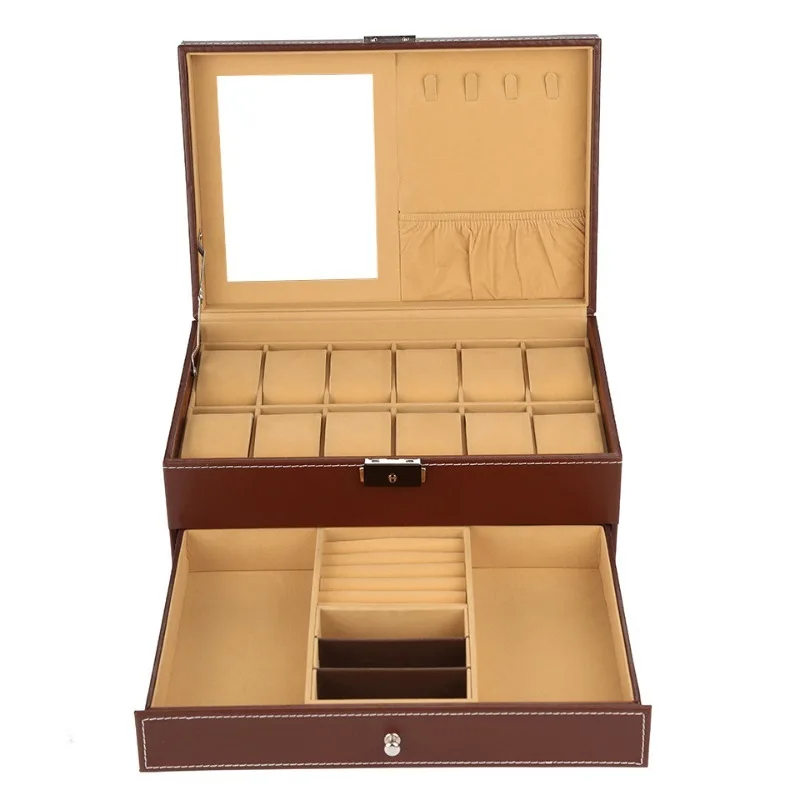Double Layered Watch Boxes 12 Slot Watches Jewelry Storage Box Portable Wrist Watch Jewelry Organizer Case Leather Watches Cases