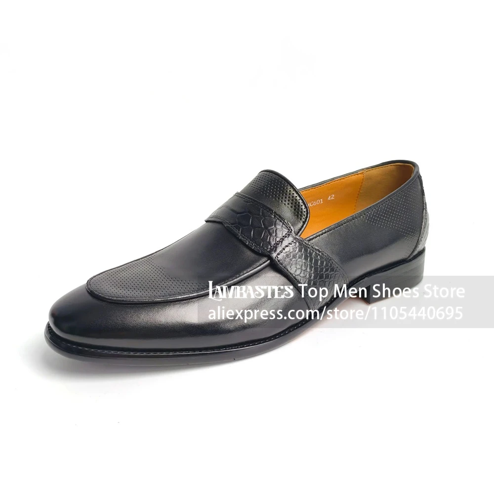 Men's Black Perforated Penny Loafers Patchwork Textured Formal Slip on Dress Shoes Mix Texture Croc Embossed Slip on Dress Shoes