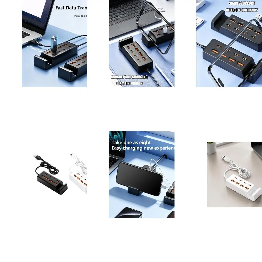 USB Outlet Expander Adapter with Four USB-A and Four USB C Outlets, Integrated Phone Stand and Fixed USB-A Input Cable D2RC