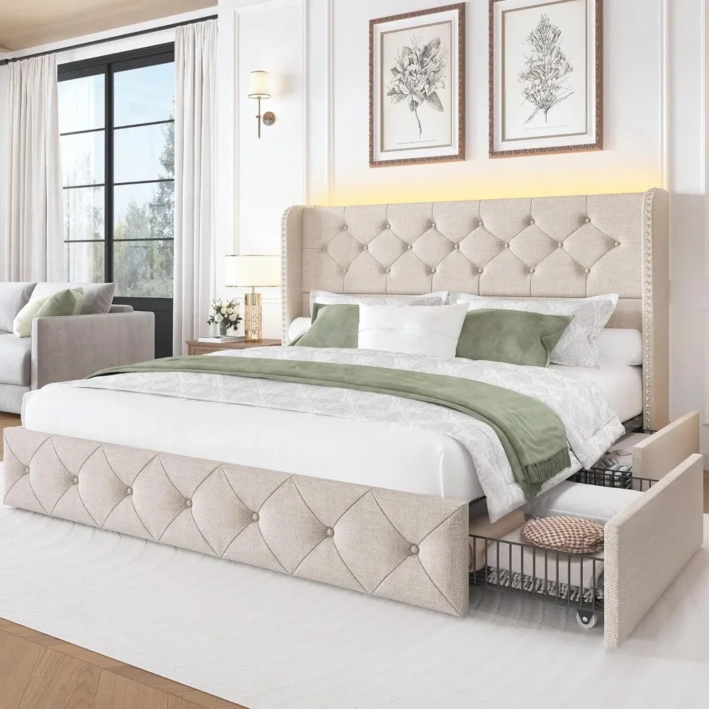 

Bed Frame with Storage Drawers and Tufted Headboard Linen Upholstered Platform Bed Frame with LED Light Wingback Beds