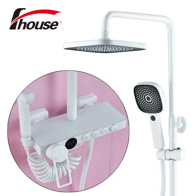

Led Digital White Shower Set Smart Thermostatic Bath Faucet Hot and Cold Shower System Bathroom Wall Mount Head Spa Rainfall