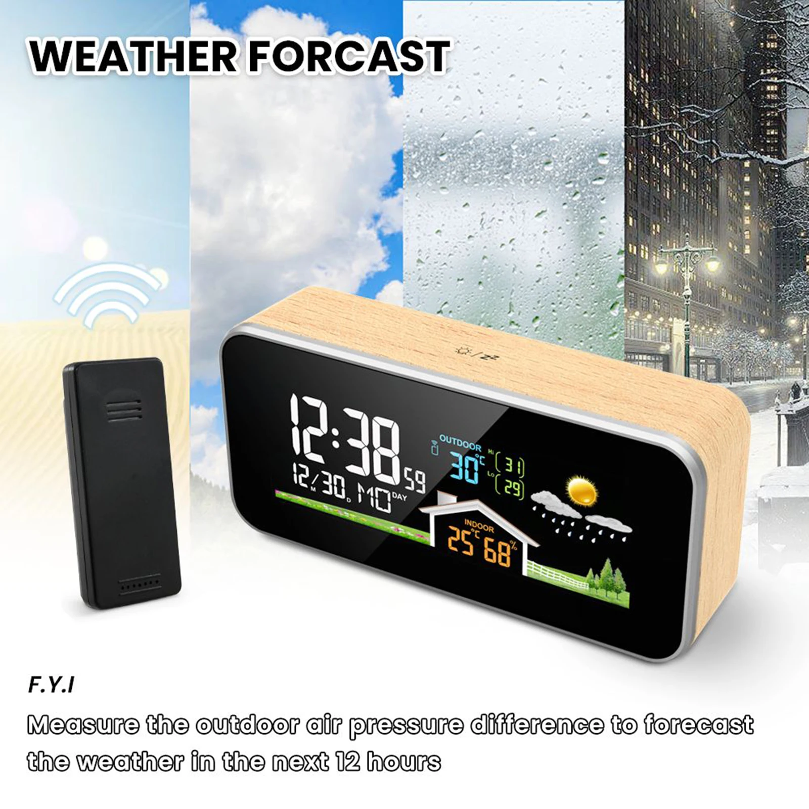 Smart Wireless Weather Station Wooden Alarm Clock Indoor Outdoor Thermometer Sensor HD Color Screen Display Temperature Humidity