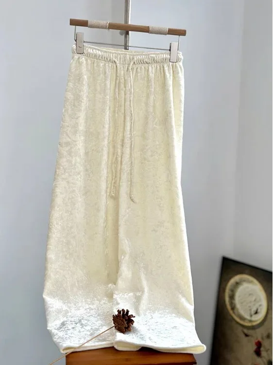 Damskie spodnie z szerokimi nogawkami z aksamitu na zimę, nowe, w stylu chińskim, złoty aksamit, luźne, proste, codzienne spodnie.