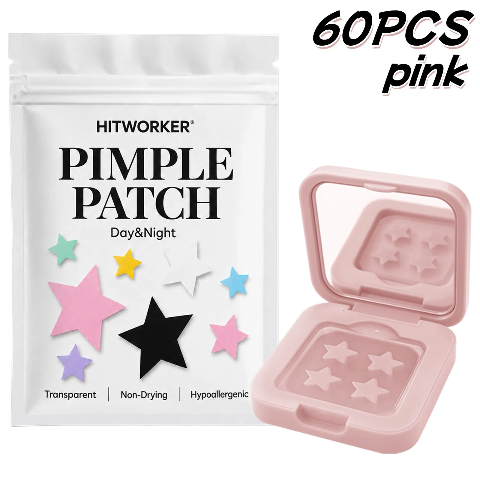 60pcs Pink Star Hydrocolloid Spot Cover Patches With Portable Case, Cute Face Stickers, Thin Easy Peel Skin Care