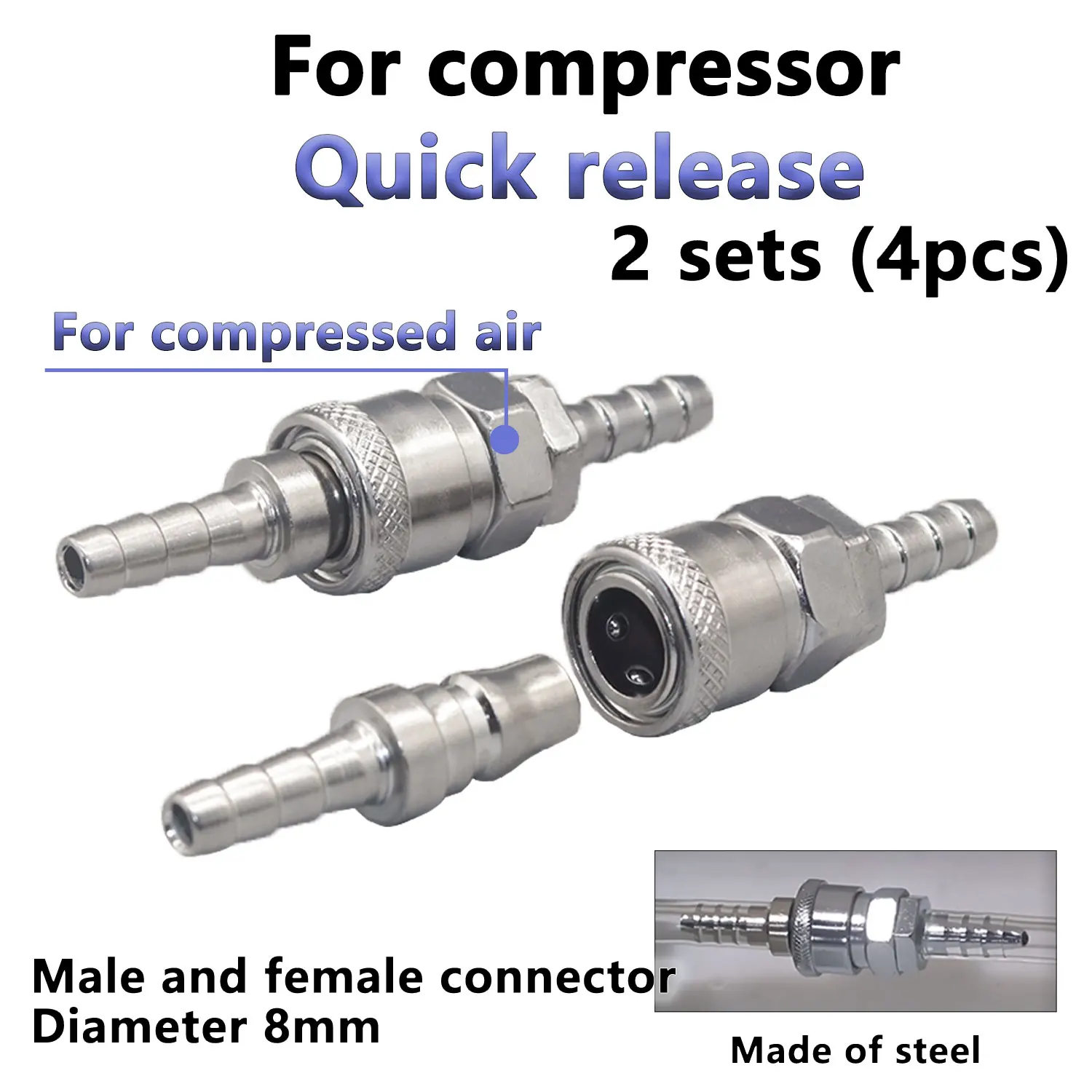 4Pcs Steel Pneumatic Fitting Air Line Hose Compressor Connector Quick Release Coupler Air Line Fittings for 8mm Hose SH20 PH20