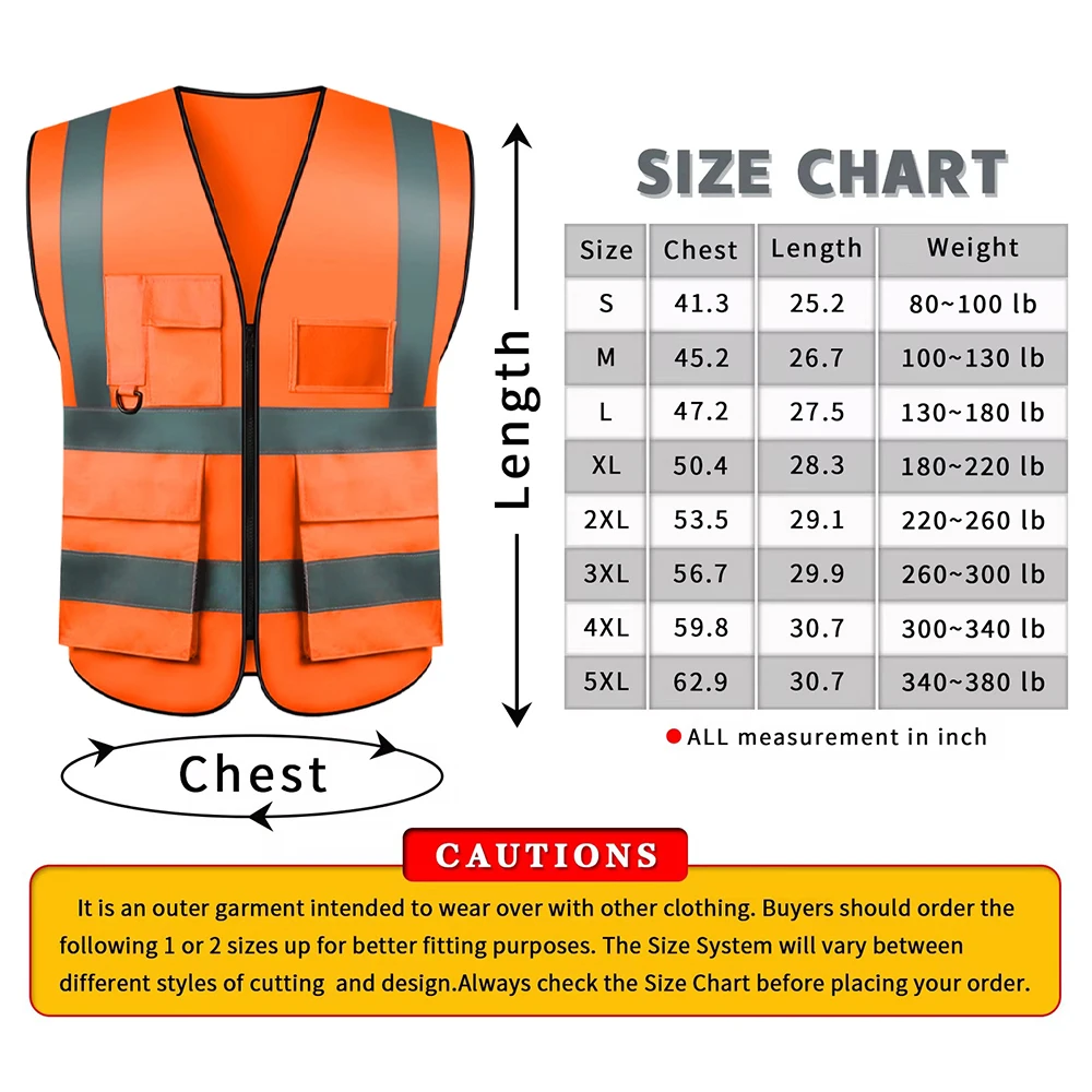 Hi Viz Rompi Safety Oranye dengan Kantong dan Ritsleting Seragam Pakaian Safety Rompi Neon Pekerjaan Konstruksi ANSI Kelas 2