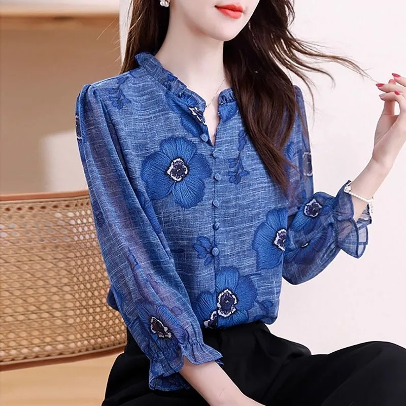 

Autumn Fashion Versatile Wood Ear Neck Nine-point Sleeve Printed Chiffon Shirt Women's Long-sleeved Top Stand-up Collar Shirt