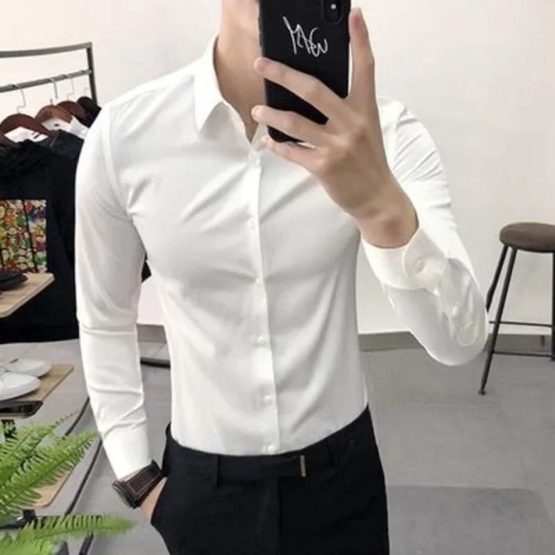 Shirts and Blouses for Men Muscle Man Tops Business Clothing Long Sleeve Green Plain Elegant with Sleeves Luxury Fashion 2024 S