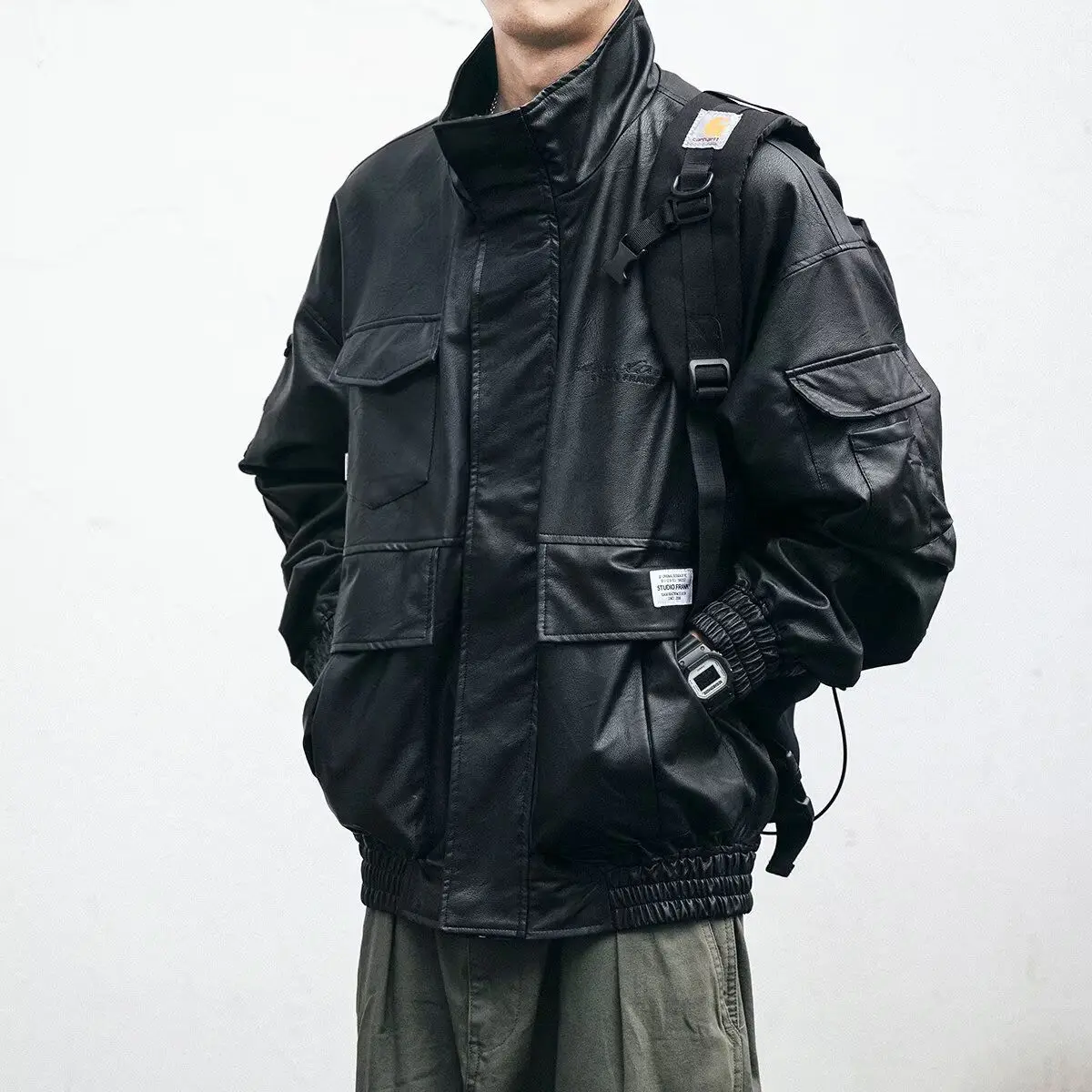 

Мужская куртка из искусственной кожи в стиле ретро, весенне-осенняя свободная мотоциклетная одежда, модное верхнее пальто с отложным воротником