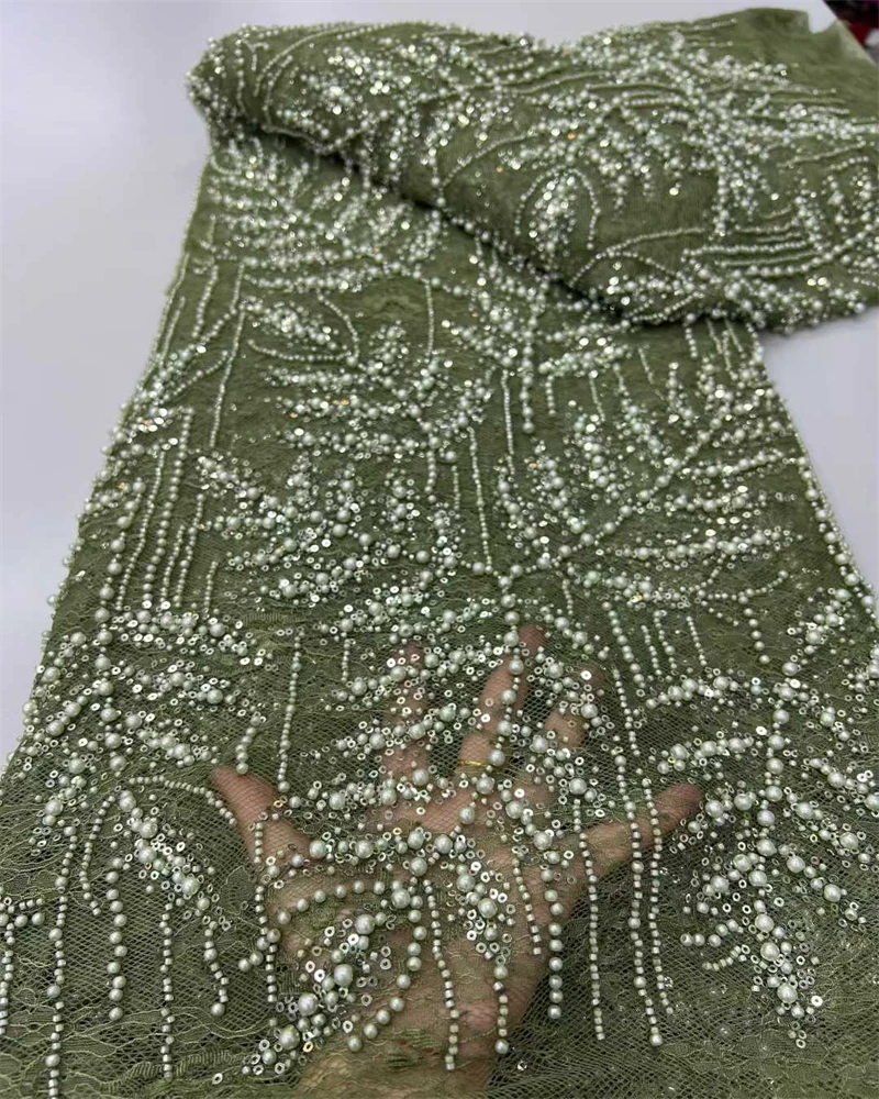 

Latest African Sequins Lace FabricHigh Quality Lace Embroidery Beaded Mesh Fabric 5 Yards For Women Wedding Party Dress