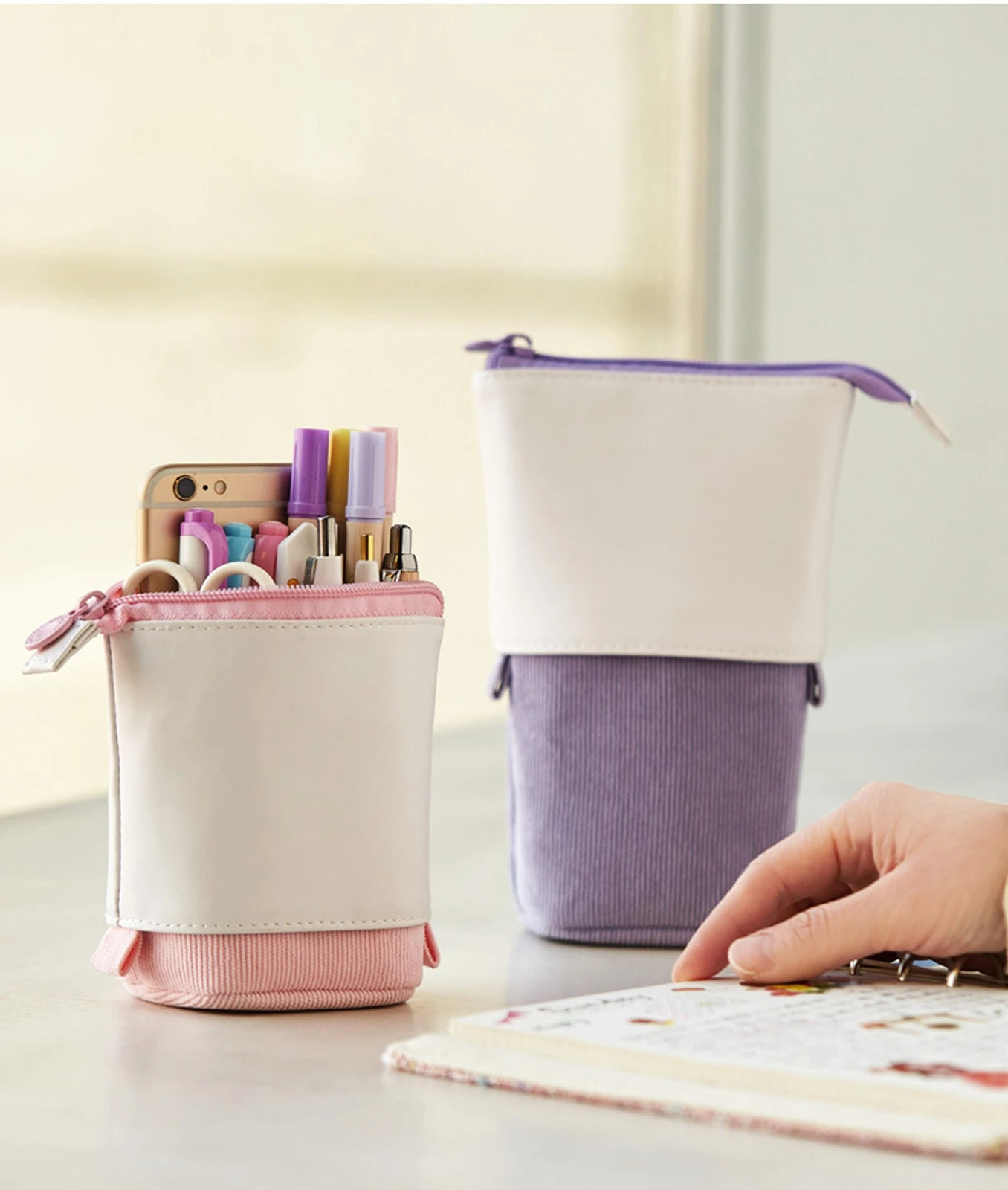 Retractable Pen Holder PU Corduroy Pencil Case Portable Stationery\u00a0Pouch Cosmetic Brush Storage bag 5 Colors