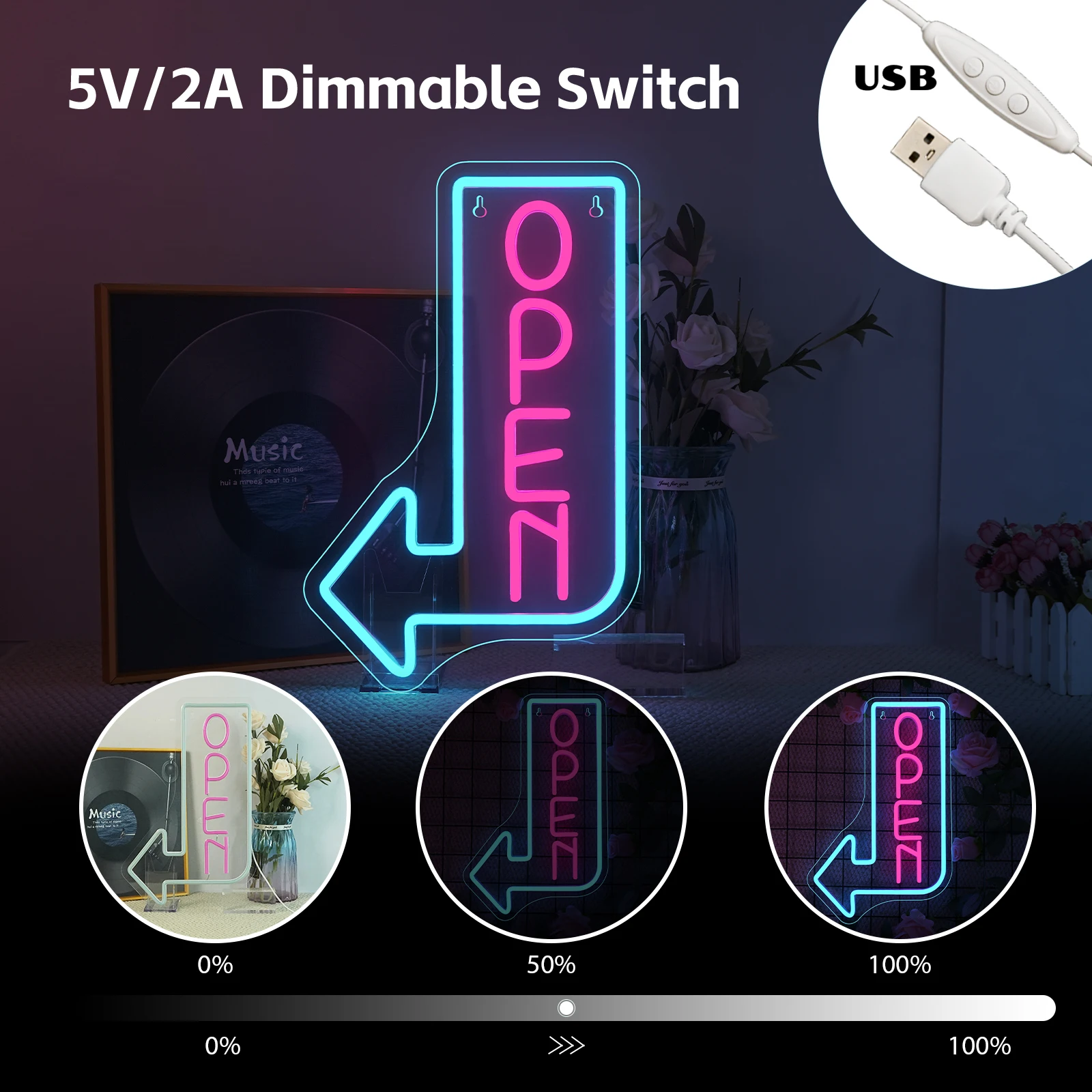 Open Neon Sign With Arrow USB Dimmable Light Up Open Signs Wall Decor for Party Bars Stores Coffee Shop Hotel Window