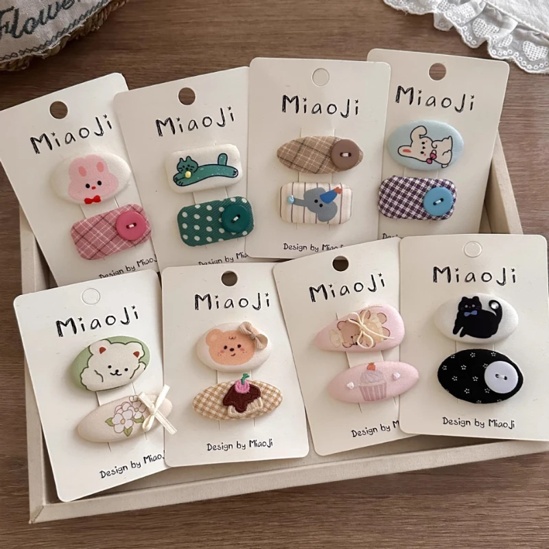 

2pcs Cute Cartoon Hairpins Printed Fabric Children's Bangs Side BB Clip for Kids Girls Plaid Hair Clips Hairpin Hair Accessories