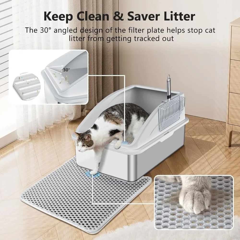 Stainless Steel Cat Litter Box, Large Litter Boxes with Lid, Anti-Urine Leakage, Non-Sticky, Include Cat Mat and Litters Scoop