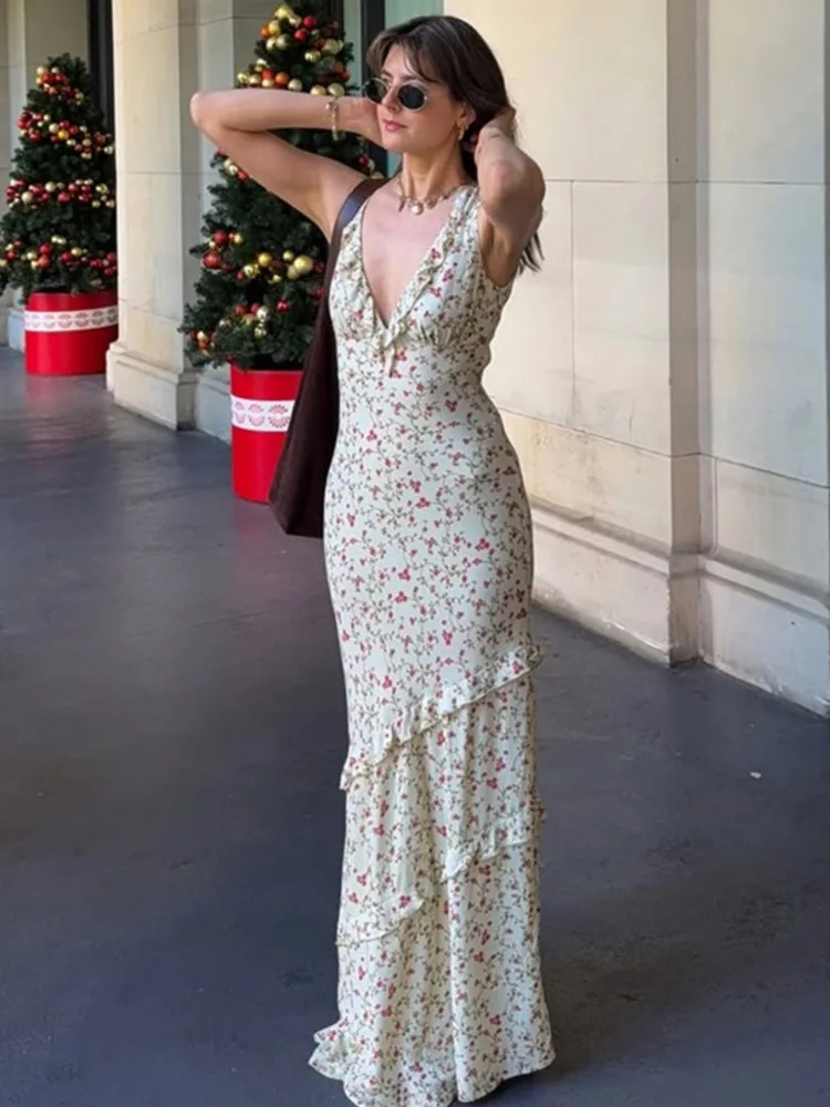 

Blifanbo Sexy V-neck Print Split Maxi Dress For Women Off-shoulder Sleeveless Print Summer High Waist Fashion Sexy Holiday Dress