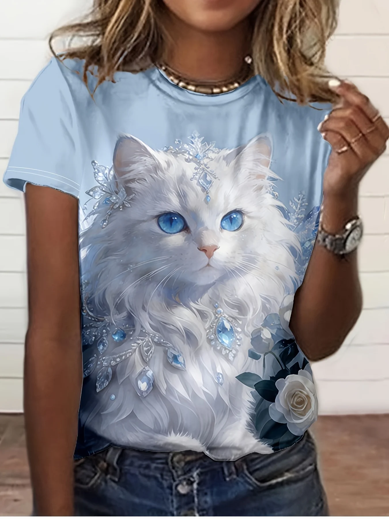 Women Crew Neck Short Sleeve T-shirt  Crystal Floral Print Soft Breathable Casual Daily Animal Graphic Top