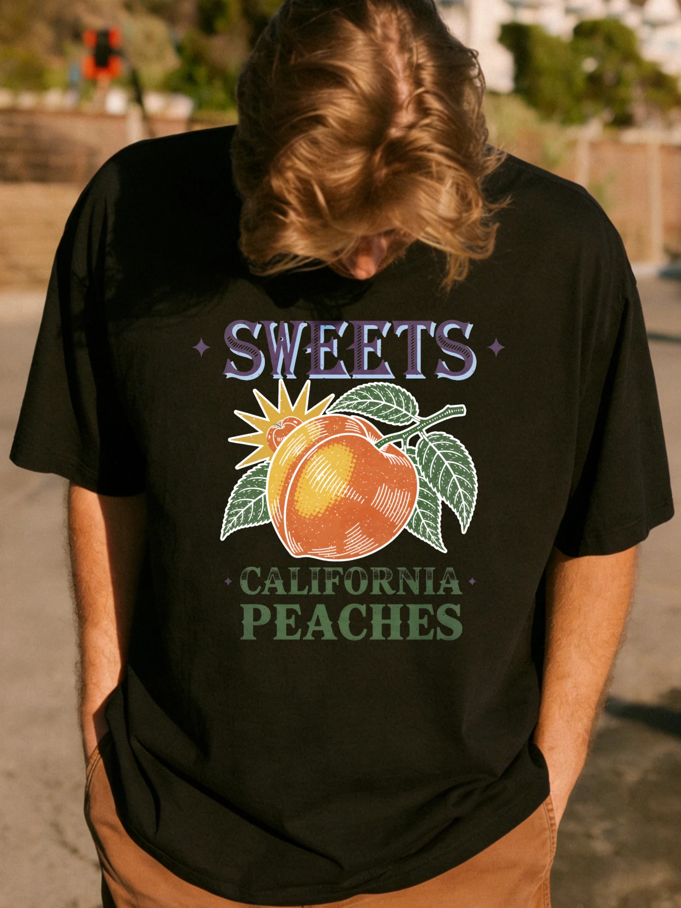 

Mens Oversized Cotton Peaches Printed Graphic T Shirt Retro Streetwear Summer Casual Daily Wear Tee for Him