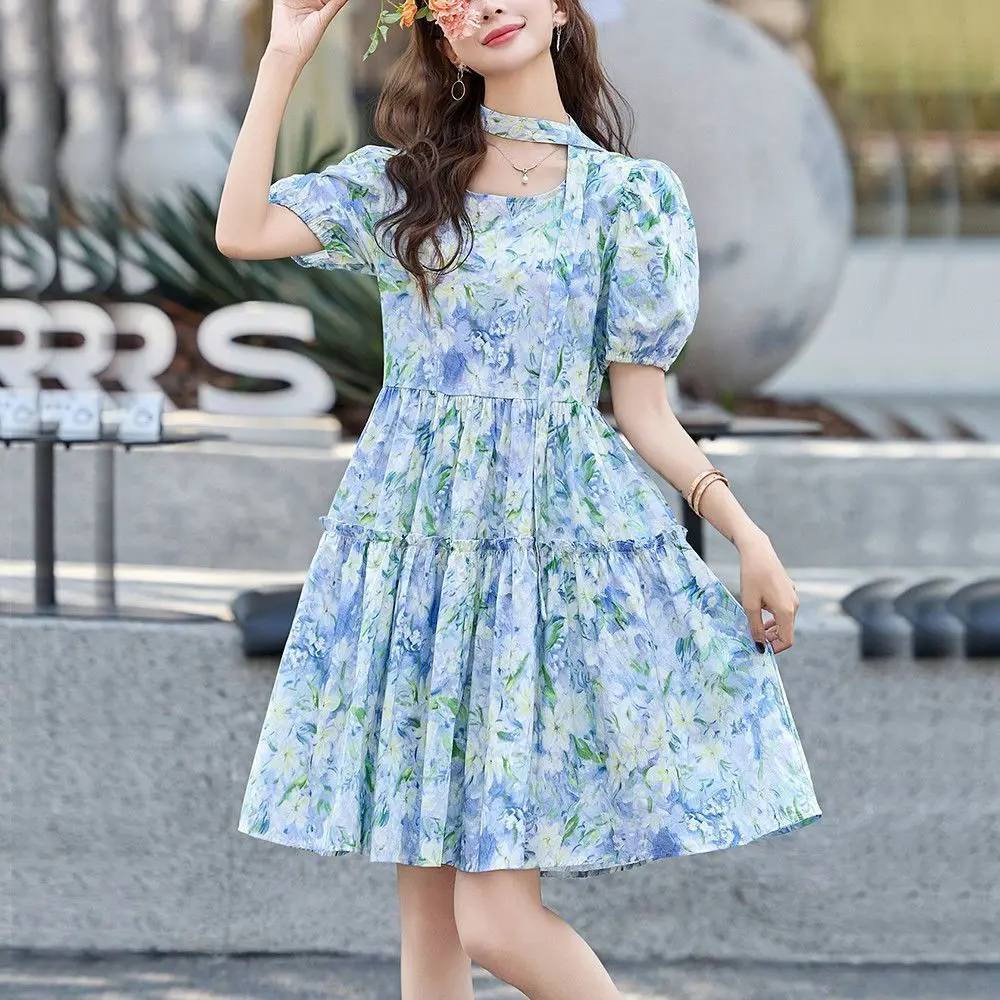 

Cotton and linen dress summer new French floral age-reducing bubble sleeve skirt small lace-up fashion short skirt
